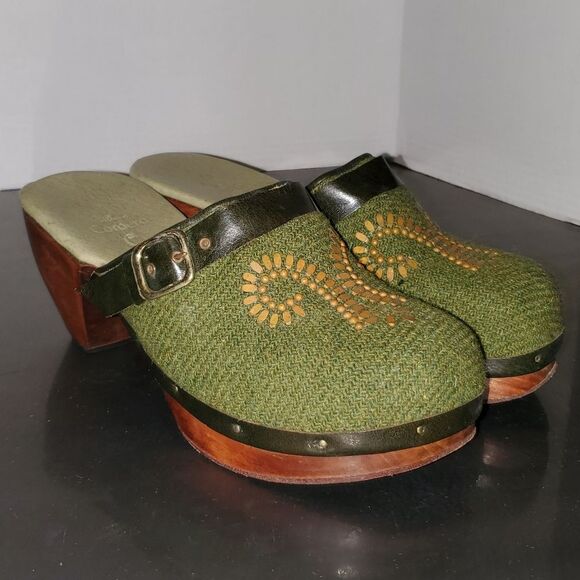 Calleen Cordero Green Wool Embelished Wood Clogs Mules Handmade size 8 - Picture 1 of 10